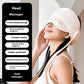 Woman using a head and eye massager with airbag massage, showcasing features like hot compress and battery capacity.