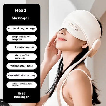 Woman using a head and eye massager with airbag massage, showcasing features like hot compress and battery capacity.