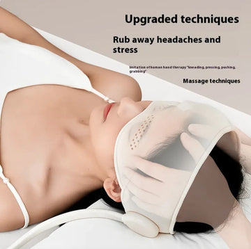 Woman using upgraded head and eye massager for headache relief and stress relief techniques.
